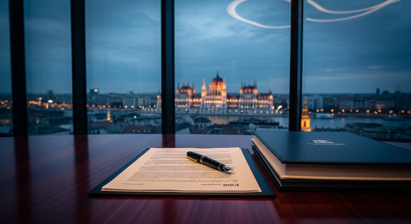 A modern boardroom overlooking the Budapest skyline represents the political debate surrounding the state reclamation of shares in major Hungarian corporations like Mol Nyrt. and Gedeon Richter Nyrt.