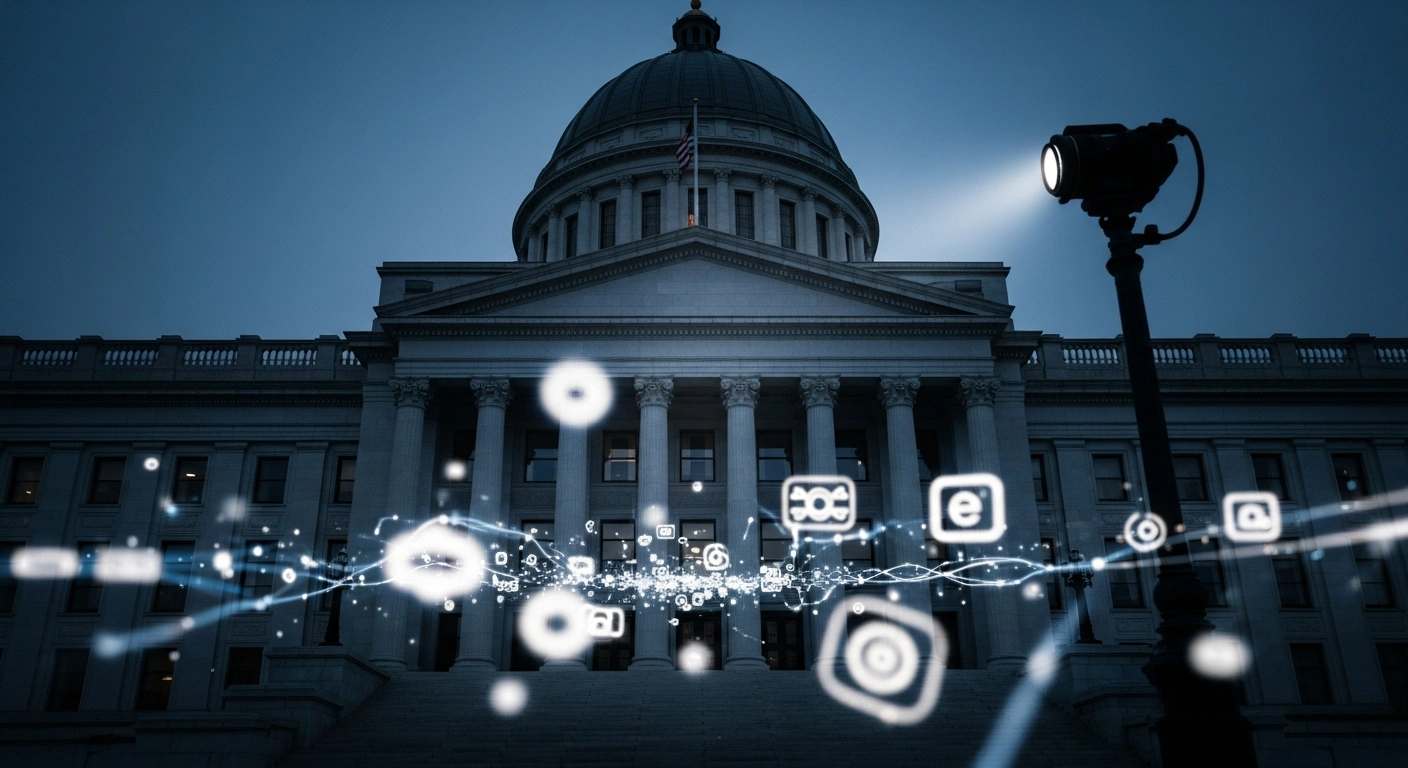 A grand, neoclassical government building is dramatically lit by a spotlight at dusk, with abstract glowing digital lines in the foreground representing an e-commerce network, symbolizing Hungary's National Economy Ministry denying an Alibaba 'Hungary surcharge' and initiating an investigation into the misleading fee.
