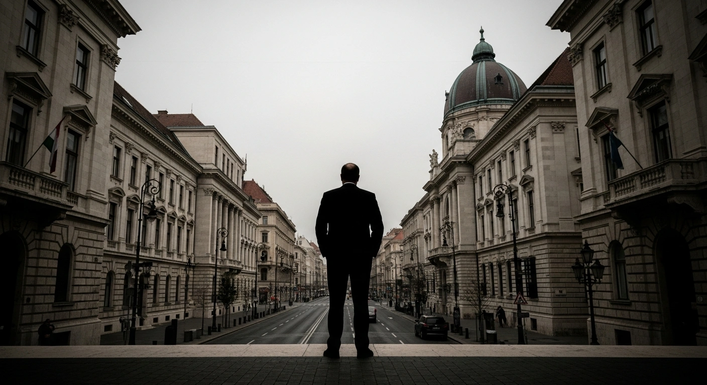 A solitary, silhouetted figure stands on a slightly elevated position, looking over a grand, historic Budapest street under an overcast sky, symbolizing Hungary's modest 0.3% economic expansion and the significant political challenge faced by Prime Minister Viktor Orbán from the Tisza party in the upcoming 2026 parliamentary elections.