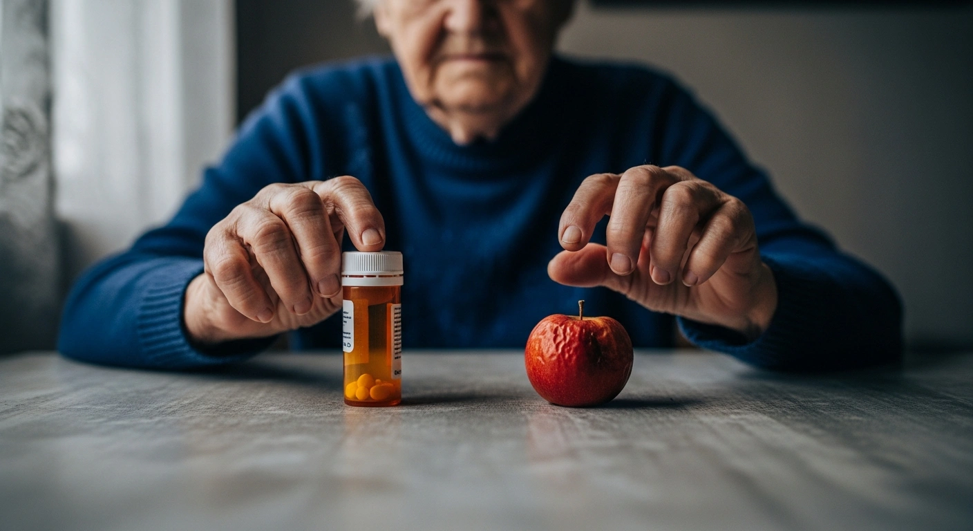 A close-up shot of an elderly Hungarian woman's hands hovering between a small medicine bottle and a single apple on a worn table, illustrating the difficult choices faced by older Hungarians due to increased elderly poverty, inadequate pensions, and soaring inflation.