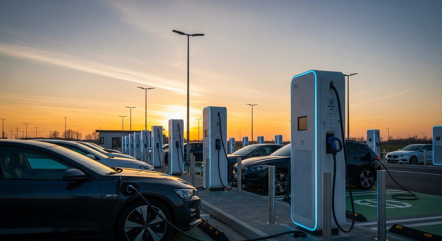 A wide, low-angle shot at sunset shows a modern electric vehicle charging hub in Hungary, with multiple cars charging at stations emitting a subtle blue light, symbolizing the country's significant growth in EV infrastructure and electromobility.