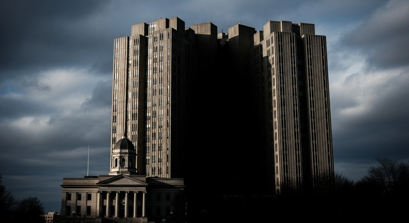 An imposing, brutalist government building casts a long, dark shadow over a smaller, classical courthouse, symbolizing Hungary's government undermining judicial independence and the rule of law by terminating court cases challenging a solidarity contribution tax.