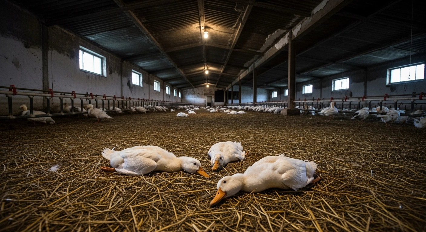 A somber, dimly lit interior of a Hungarian duck farm barn in Szolnok, showing several deceased ducks on a straw-covered floor, representing the H5N1 bird flu outbreak that led to mass culling.