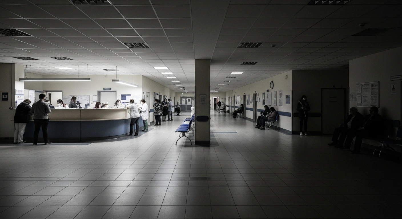 A wide, slightly desaturated photograph of a hospital waiting area in Hungary, showing a bustling section with patients and medical staff on the left, representing increased influenza hospitalizations, while a quieter, less occupied section on the right represents fewer COVID-19 hospitalizations, reflecting influenza surpassing COVID-19 in the 2025/2026 respiratory season.