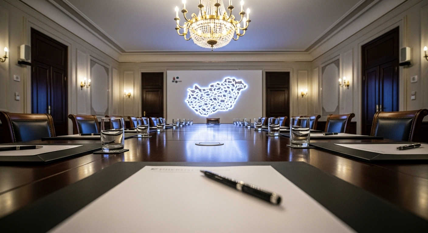 An empty, ornate conference table is meticulously prepared under a golden chandelier, with a subtly lit map of Hungary in the background, symbolizing the upcoming consultations led by Minister Tibor Navracsics on Hungary's local government reform, including financing, powers, and the status of mayors, planned by the Fidesz-KDNP alliance for after the 2026 general elections.