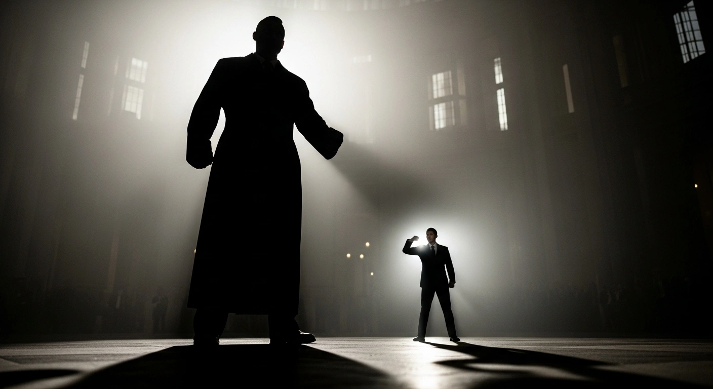 A dramatic, low-angle shot depicts a towering, back-lit figure, symbolizing Hungary's government and Minister Gergely Gulyás, casting a long shadow over a smaller, defiantly illuminated figure, representing opposition leader Péter Magyar and his Tisza Party, set against a blurred, imposing architectural background, illustrating the intensifying political climate in Hungary.