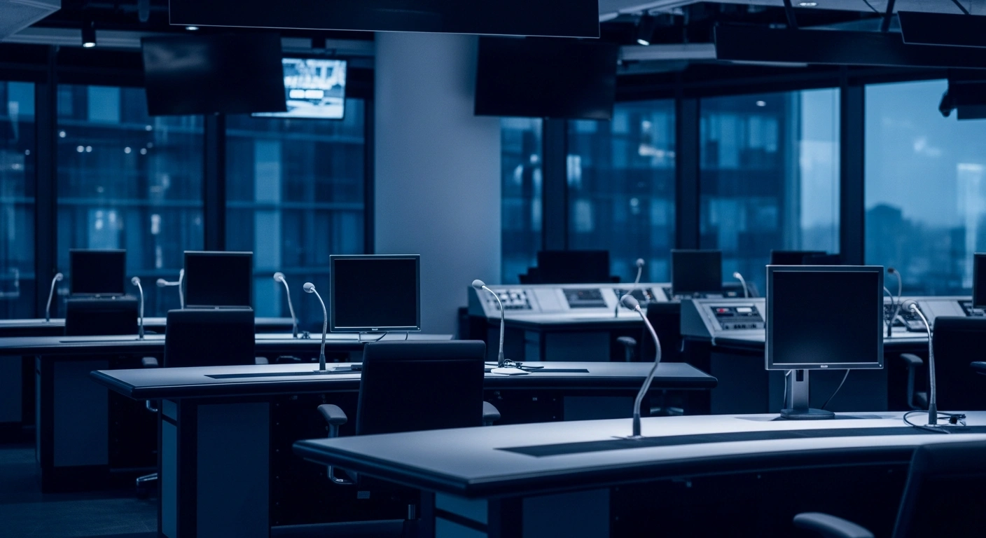 An empty, dimly lit television newsroom represents the significant restructuring and leadership changes occurring within Hungarian media outlets.
