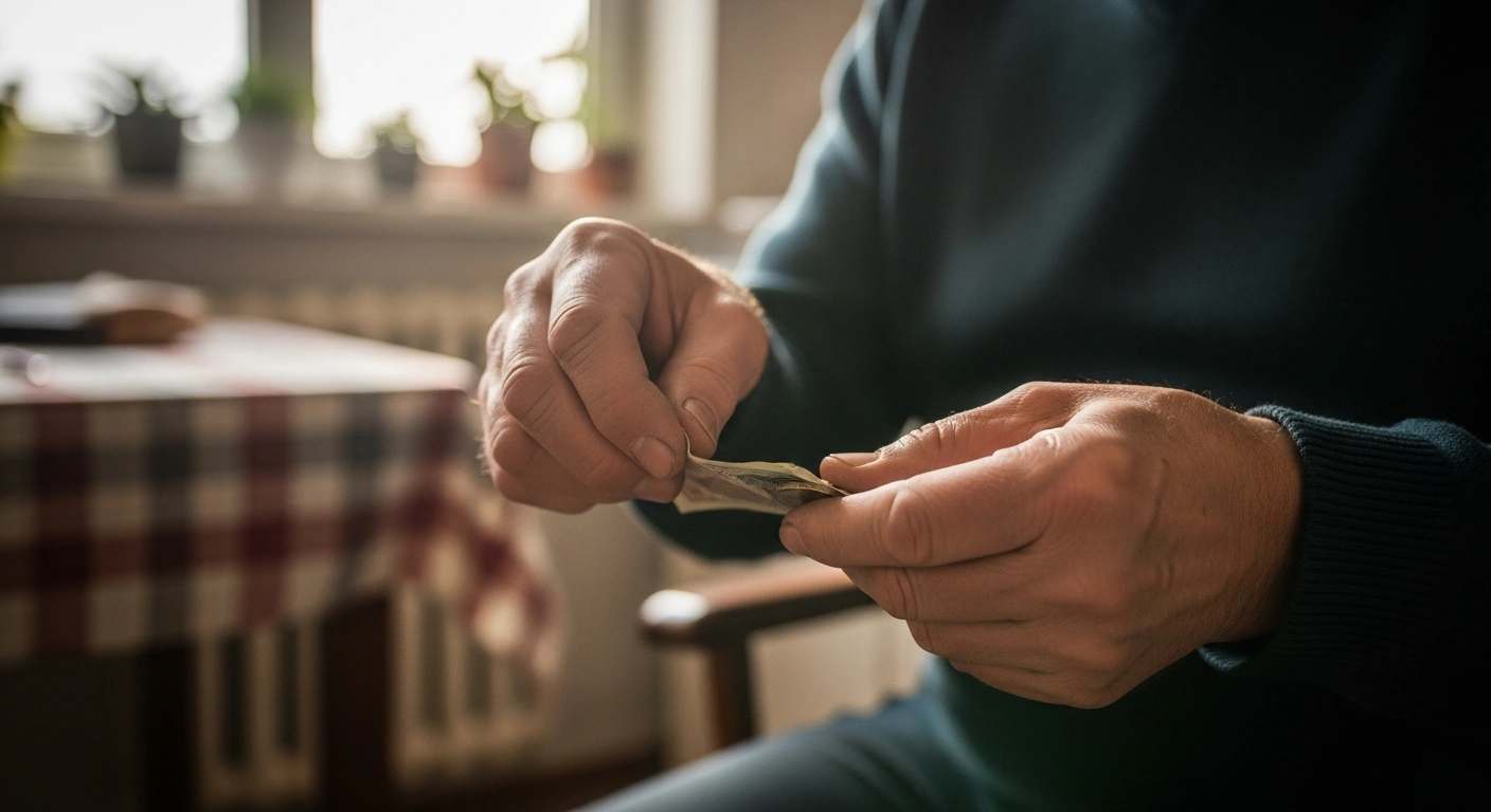 A close-up photograph captures the weathered hands of a Hungarian worker, gently holding a small stack of coins and a modest banknote, illuminated by a soft, warm light, symbolizing the recent increase in Hungary's minimum wage.