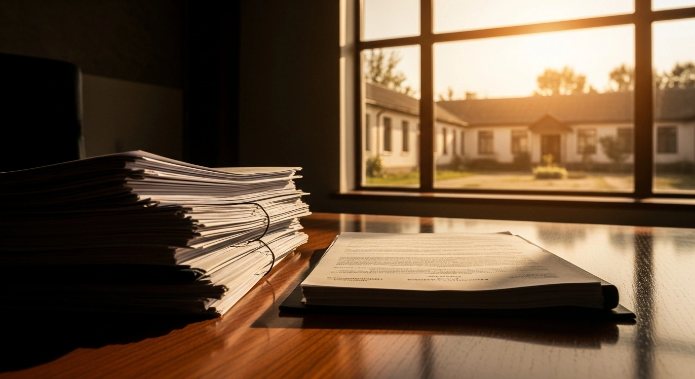 A stack of government documents sits on a desk with a view of a Ukrainian orphanage in the background, representing the redirection of severance funds to humanitarian aid.