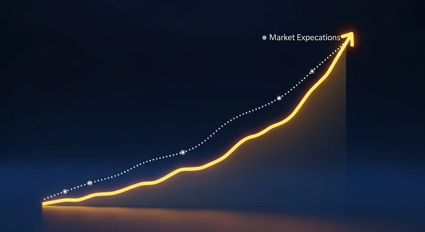 A photorealistic visual representation of Hungary's current account surplus, depicted as a glowing golden line rising significantly but falling just below a faint silver dotted line representing market expectations, set against a deep blue background.