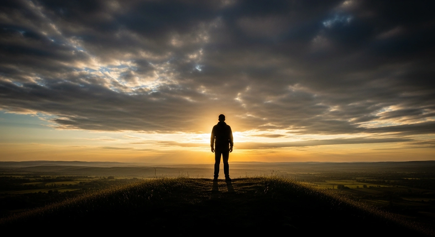 A determined figure, symbolizing Péter Magyar and the opposition Tisza party, stands on a rise at dawn over a Hungarian landscape, with golden light breaking through clouds, representing their increased lead over the ruling Fidesz party and a significant shift in the political landscape.