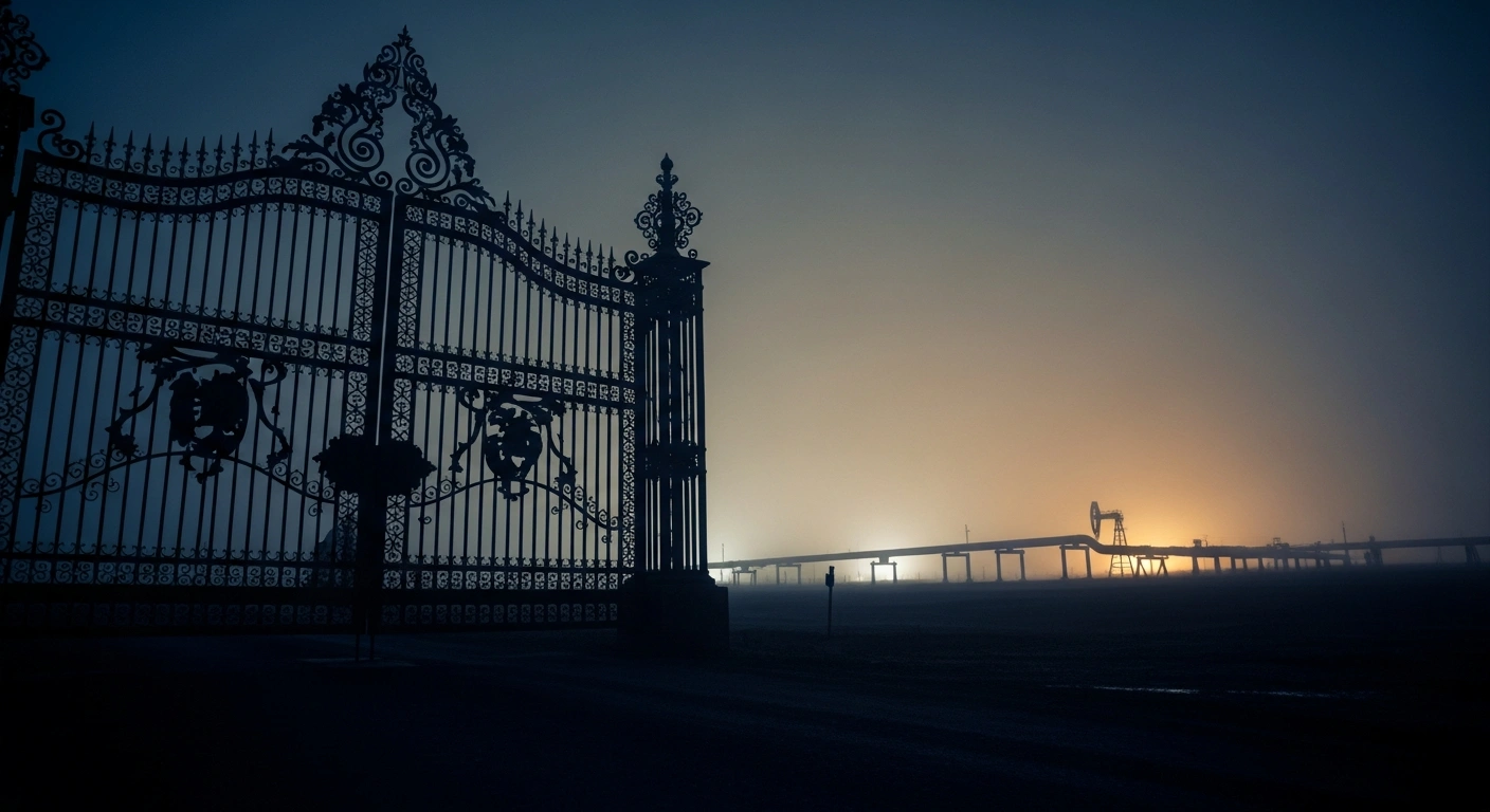 A dramatic, low-angle shot captures an imposing, ornate metal gate firmly closed, symbolizing Hungary's veto of EU sanctions and a loan to Ukraine, with a modern oil pipeline faintly visible in the hazy distance, representing the blocked Russian oil flow via the Druzhba pipeline.