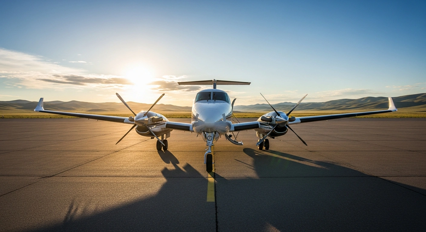 A Hunnu Air Beechcraft King Air 360 turboprop aircraft parked on a runway in Mongolia to support regional tourism and connectivity.