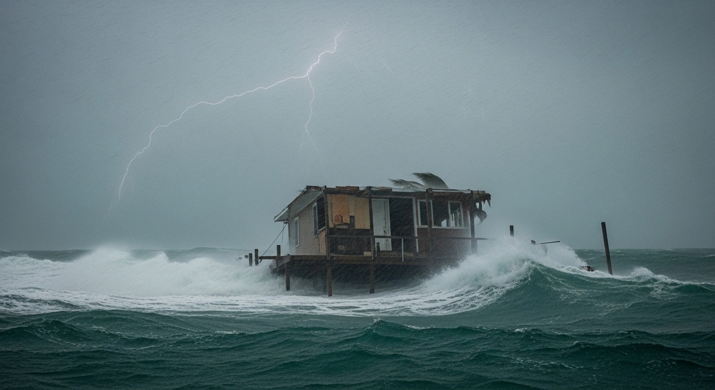 A low-angle view captures a partially submerged wooden structure being battered by a colossal storm surge and torrential rain under a bruised, lightning-streaked twilight sky, depicting the destructive impact of Hurricane Melissa making landfall in the Bahamas.