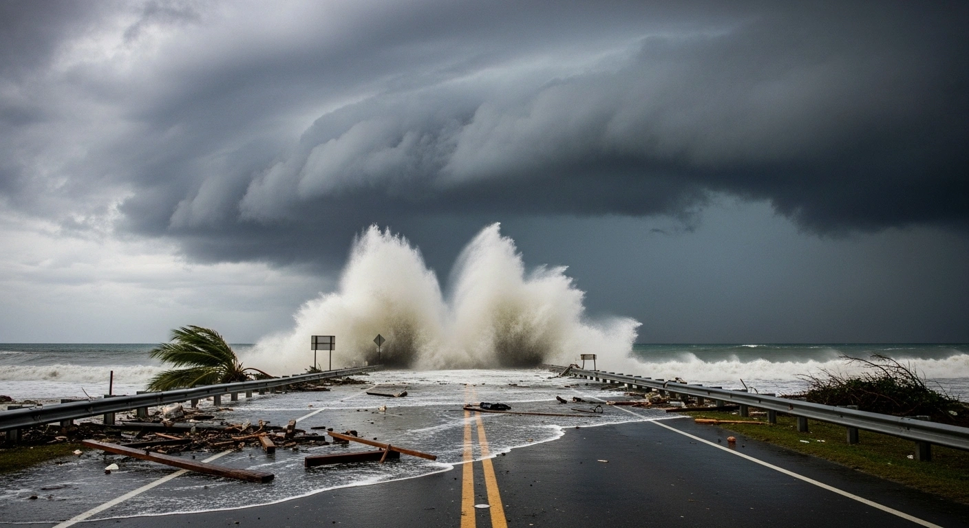 A wide, low-angle shot shows a partially submerged coastal road in Jamaica, battered by colossal waves and strewn with debris under a menacing sky, depicting the catastrophic impact of Hurricane Melissa.