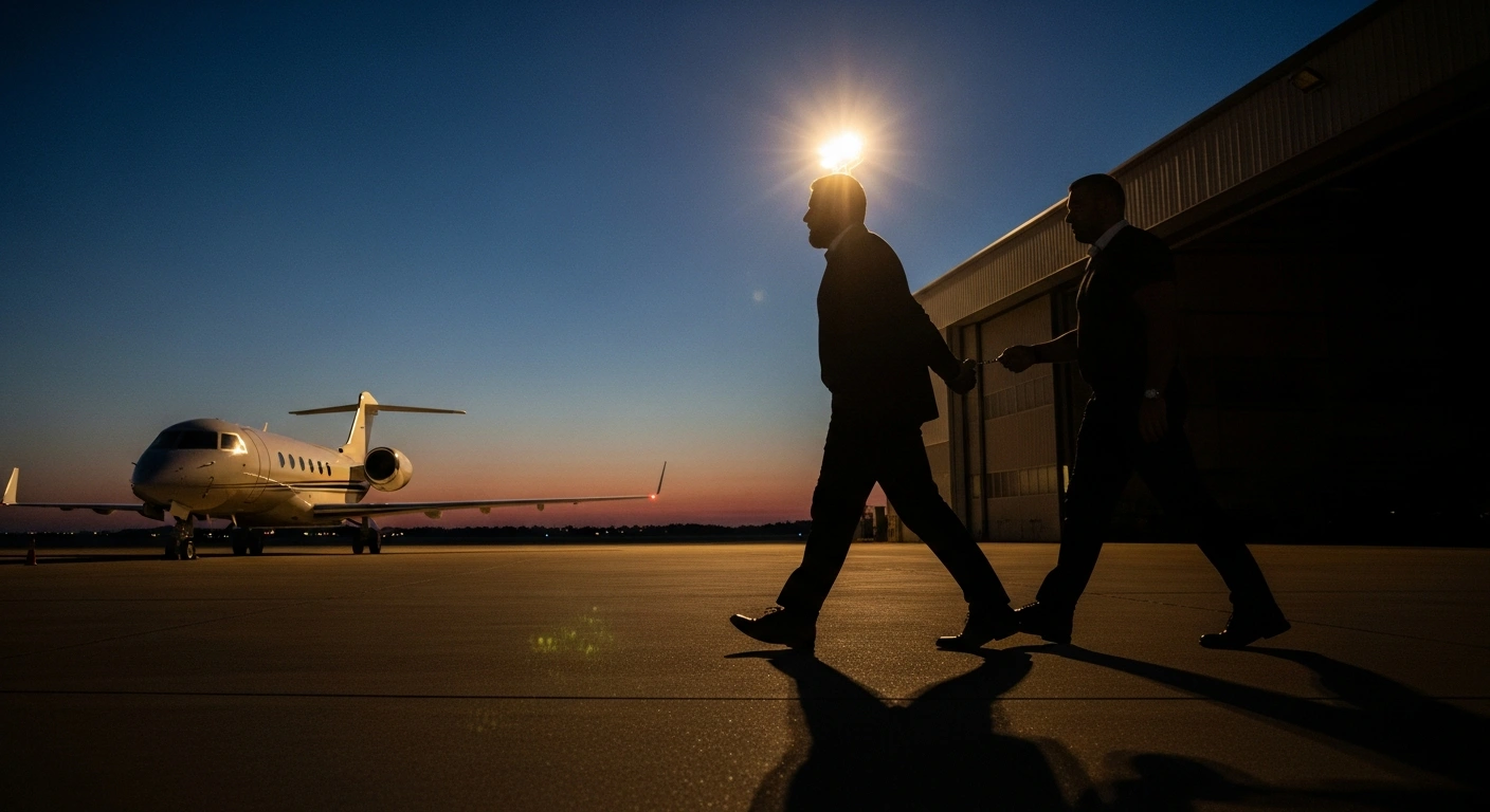 An American citizen, Huzefa Hafiz Ismail, alleged mastermind of the 'Dark Bank' money-laundering network, is depicted in silhouette being escorted across an airport tarmac at dawn, symbolizing his extradition from the US to France to face charges.
