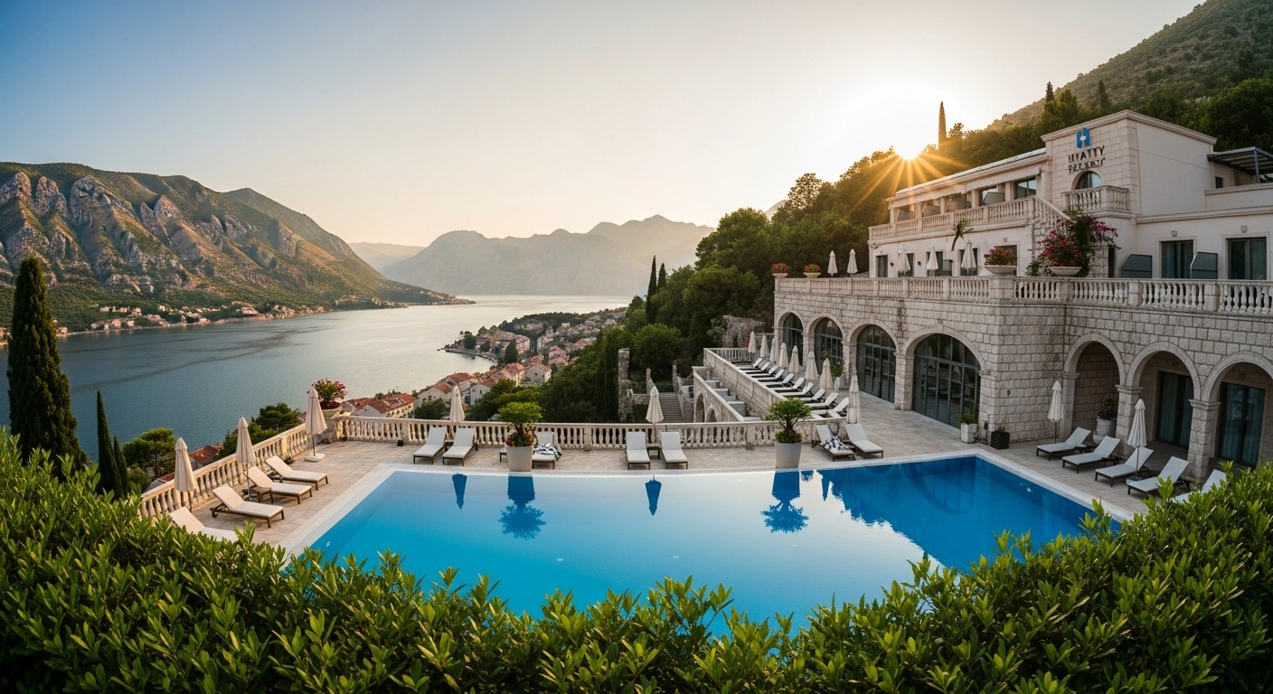 The Hyatt Regency Kotor Bay Resort in Montenegro sits nestled against the dramatic limestone cliffs overlooking the Adriatic Sea during a golden sunset.