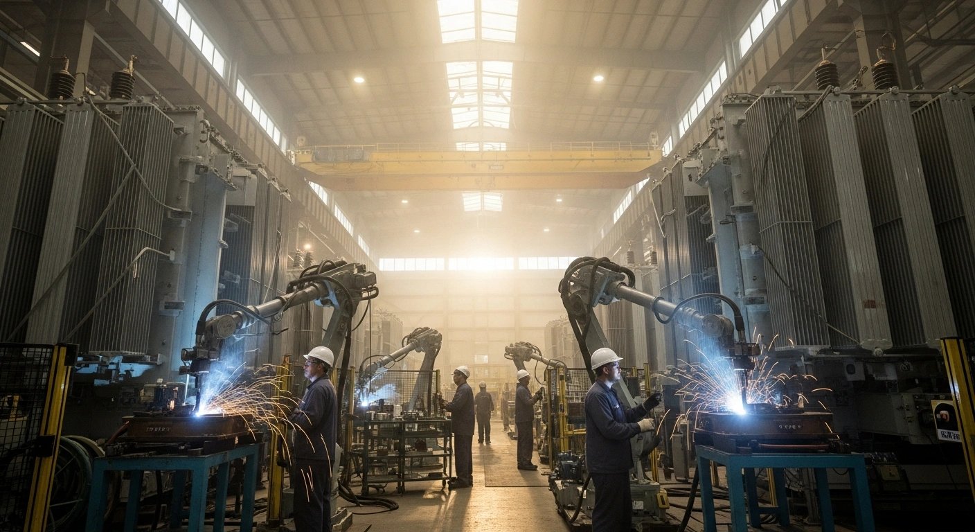 A wide, low-angle view inside a large, modern Hyosung HICO power transformer manufacturing facility in Memphis, Tennessee, showing partially assembled transformers, advanced robotic arms, and skilled technicians, symbolizing the company's significant expansion and job creation.