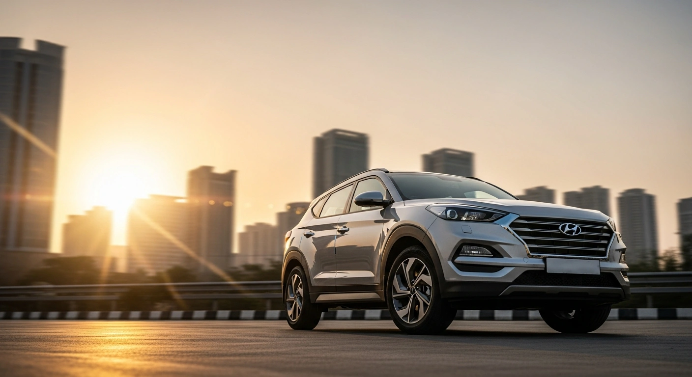 A sleek, modern Hyundai SUV is prominently featured against a blurred, dynamic backdrop of a modern Indian cityscape under a golden sunset, representing Hyundai Motor India Limited's record total sales of 66,134 units in February 2026, a 12.6% year-on-year increase.