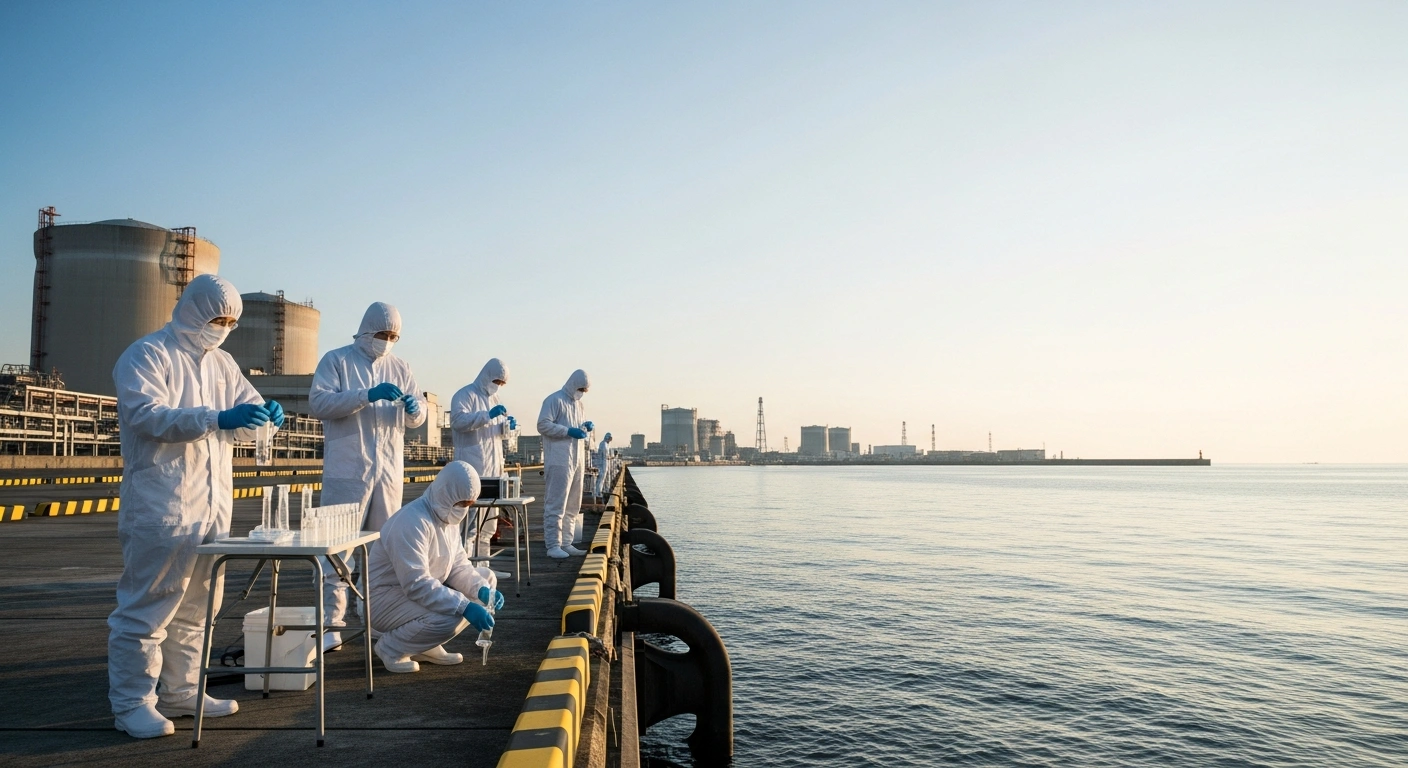 IAEA officials and laboratory experts collect water samples at the Fukushima Daiichi Nuclear Power Station to verify the safety of the treated water discharge.