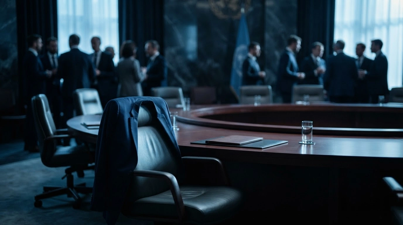 A formal international conference room represents the diplomatic tension surrounding the IAEA referral of Iran to the UN Security Council.