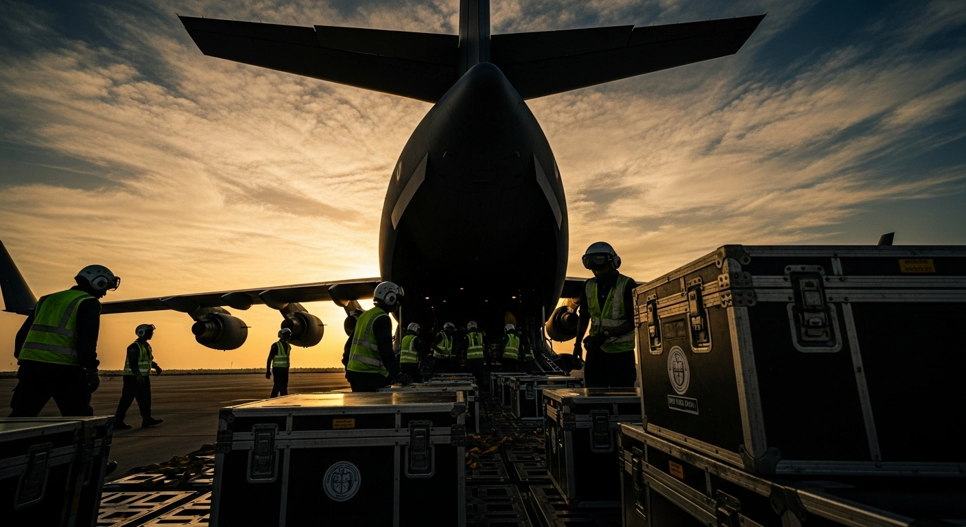 An Indian Air Force transport aircraft is being loaded with secure containers for the NEET-UG medical entrance retest to ensure exam integrity.