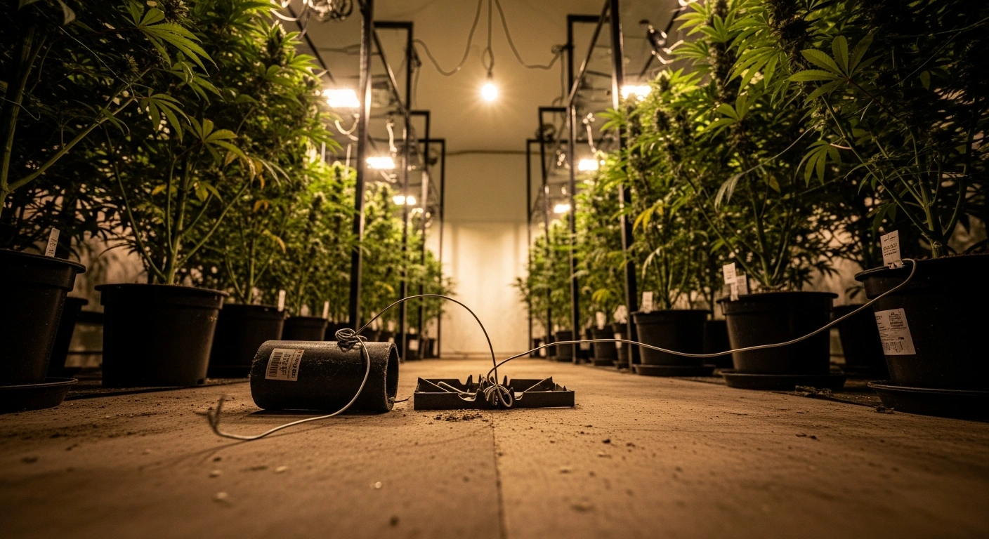 A dimly lit, low-angle view of a cluttered, makeshift cannabis grow operation reveals a crudely fashioned pipe bomb connected to a tripwire, illustrating the 'Home Alone'-style booby traps used by drug dealer Ian Claughton to protect his large-scale cannabis and amphetamine operation.