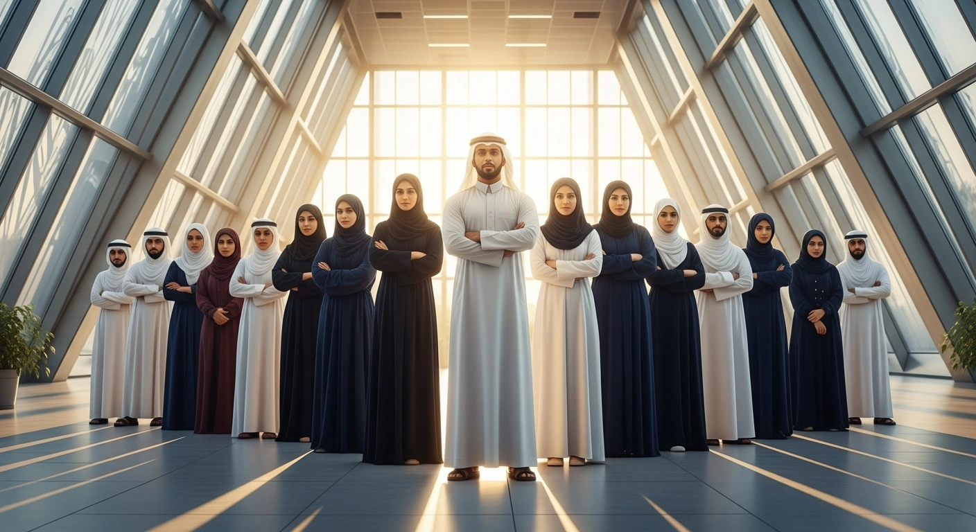 A diverse group of empowered Saudi nationals, trained through the IBM SkillsBuild program, stands confidently in a modern technology hub, symbolizing the achievement of empowering over 500,000 individuals and advancing Saudi Arabia's Vision 2030 objectives.