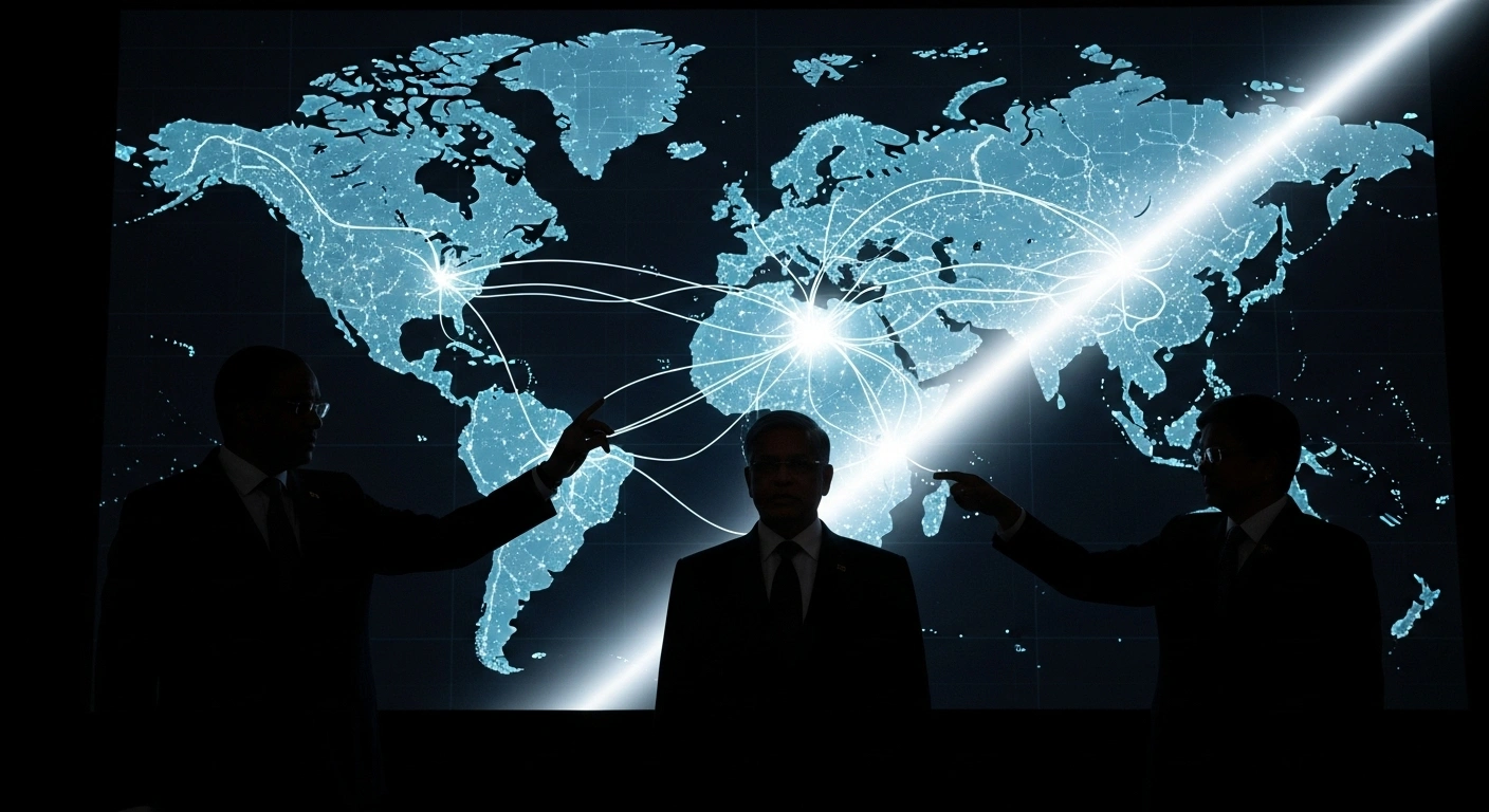 Three figures, representing India, Brazil, and South Africa (IBSA), stand silhouetted against a vast, dimly lit holographic projection of a fractured global trade map, symbolizing their criticism of unilateral tariffs and the destabilization of the multilateral trading system, while advocating for WTO restoration.