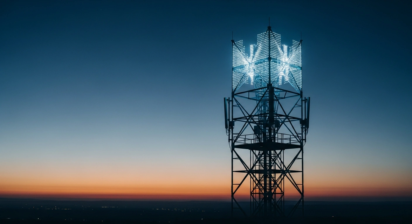 A modern transmission tower stands against a twilight sky, representing the transition to digital terrestrial television regulations by ICASA in South Africa.