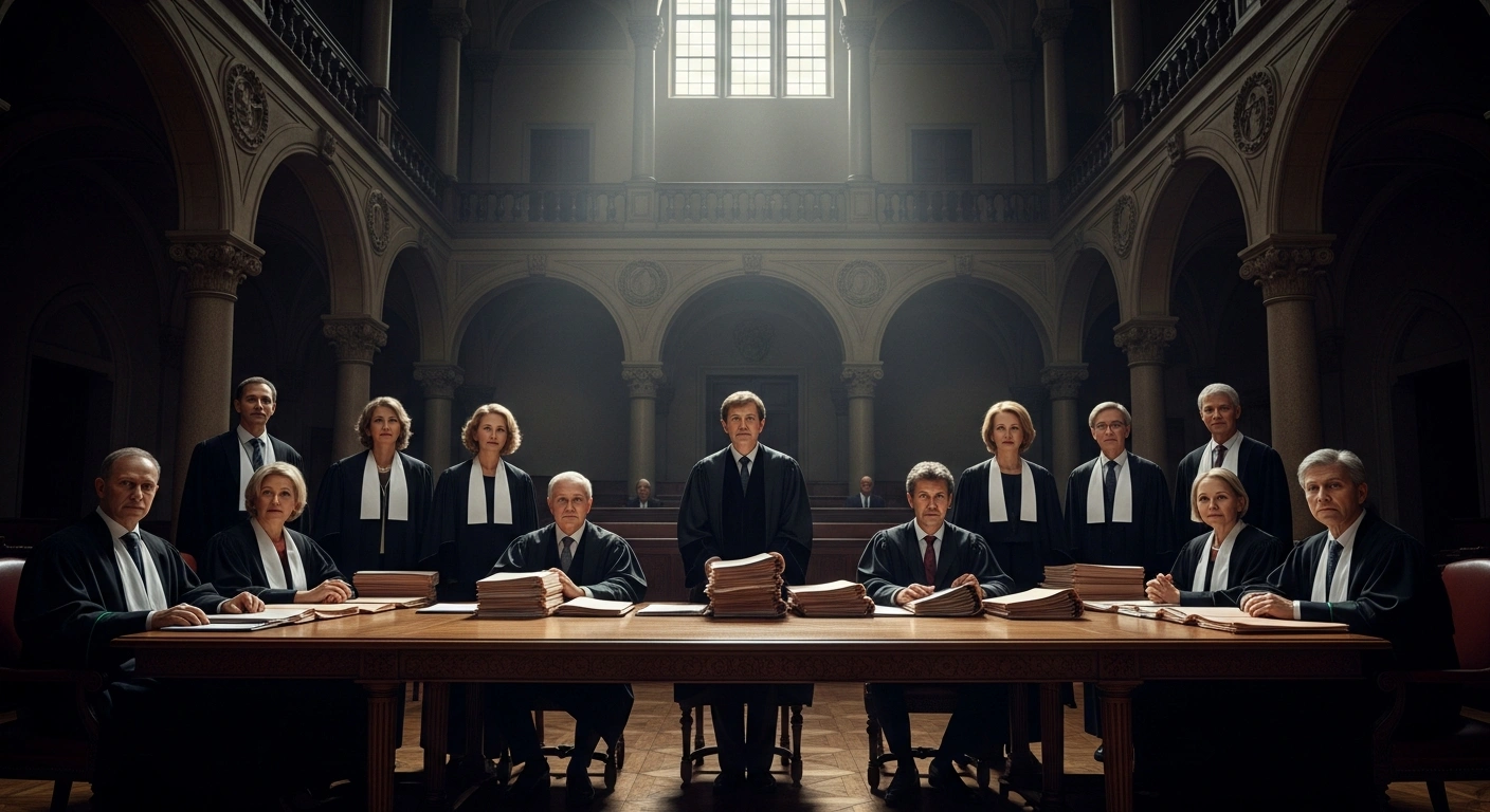 A group of International Criminal Court judges and officials are shown gathered around a large wooden table in a dimly lit, ornate chamber, illuminated by a single beam of light, their resolute expressions reflecting their continued work on investigations into alleged war crimes despite facing US sanctions and maintaining their independent judicial mandate.