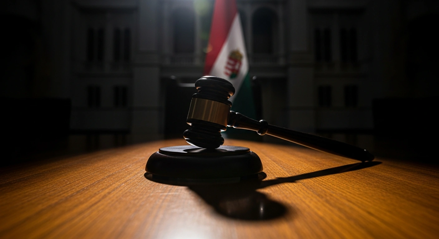 A dramatic low-angle shot shows a large, ornate gavel on a dark wood table with a long shadow, symbolizing the International Criminal Court's referral of Hungary for non-cooperation regarding the arrest warrant for Israeli Prime Minister Benjamin Netanyahu.