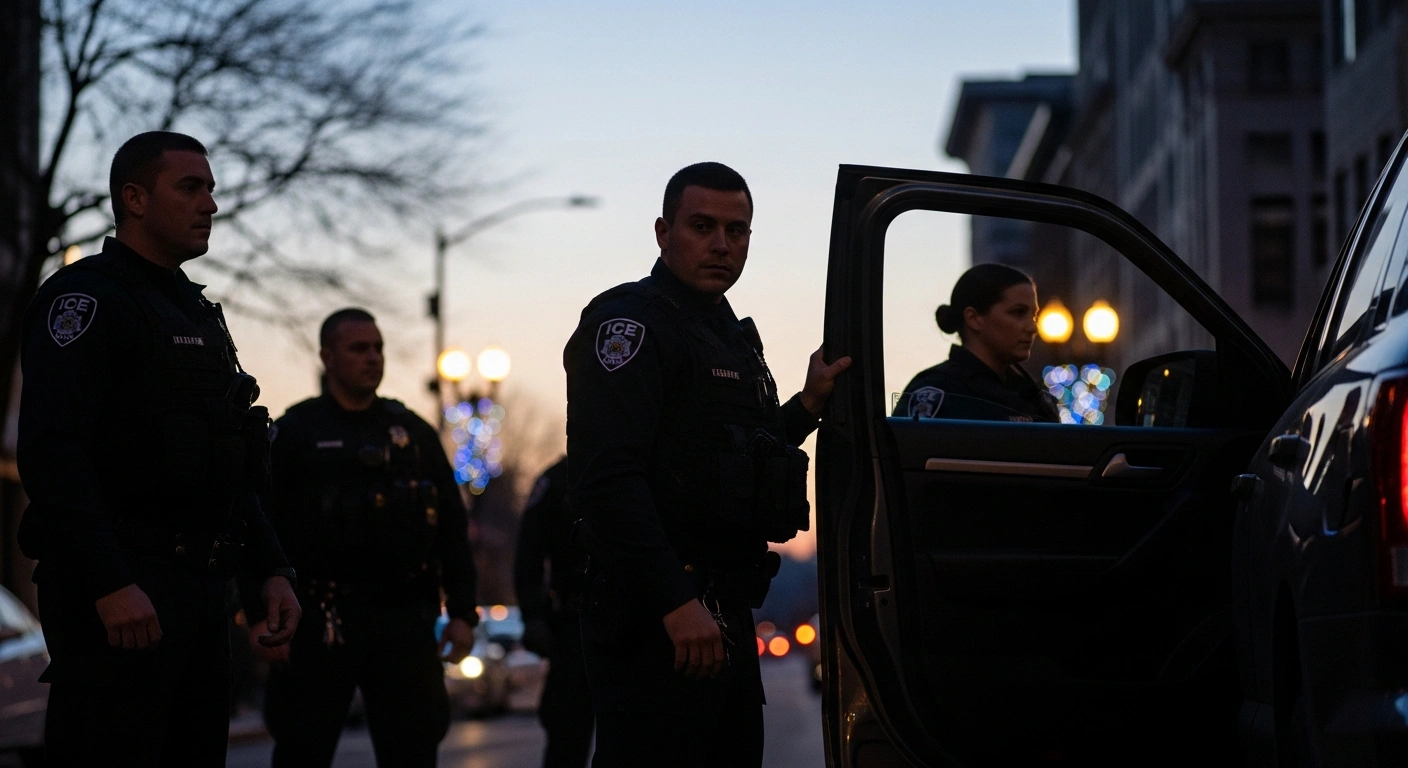 U.S. Immigration and Customs Enforcement (ICE) agents are depicted in silhouette during a nighttime operation on an urban street, making an arrest that enhances public safety during the holiday season.