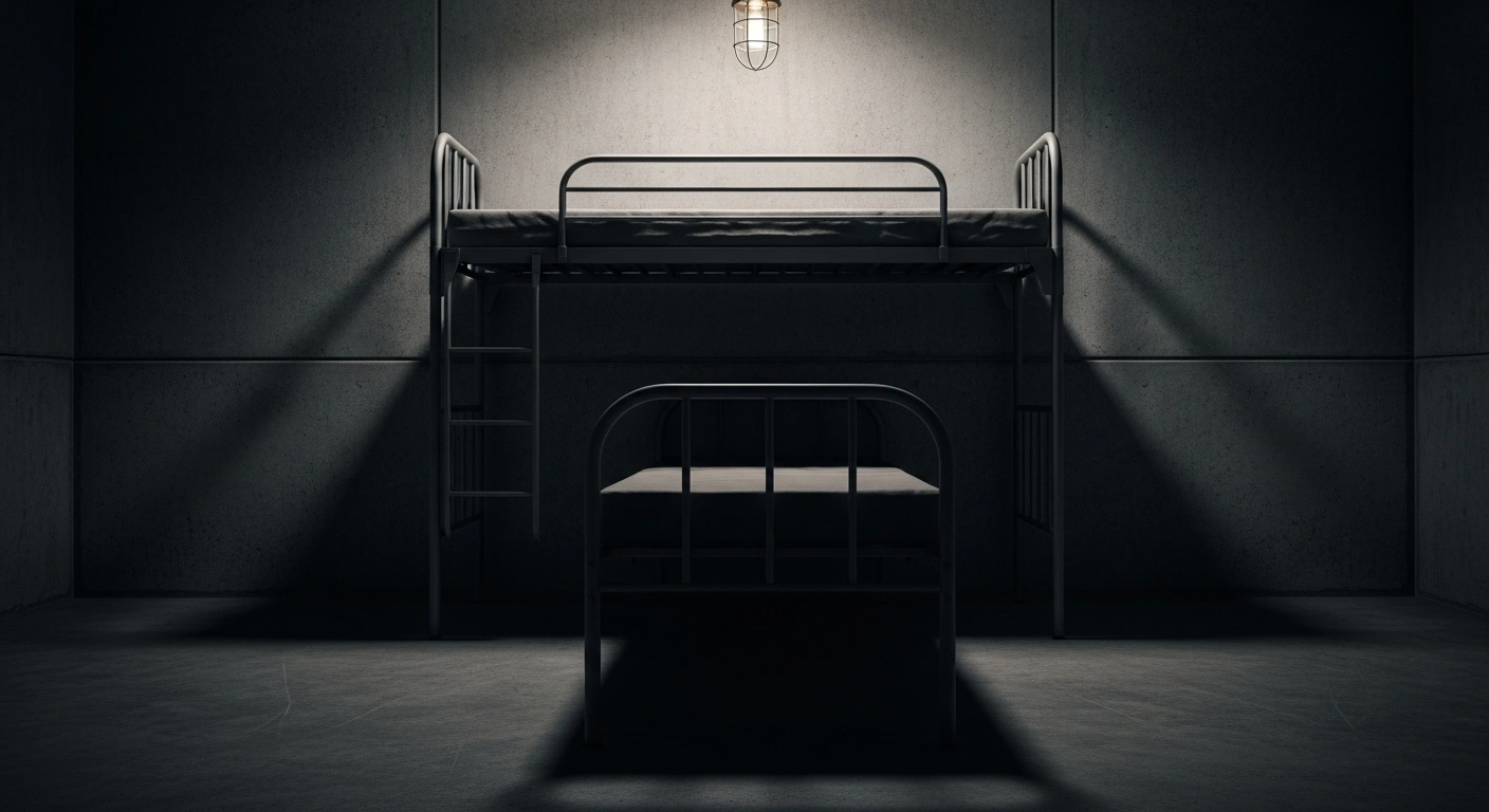 An empty, stark bunk bed in a concrete detention cell, illuminated by a bare overhead bulb, represents the tragic death of 55-year-old Cuban immigrant Geraldo Lunas Campos in ICE custody, ruled a homicide due to asphyxia.