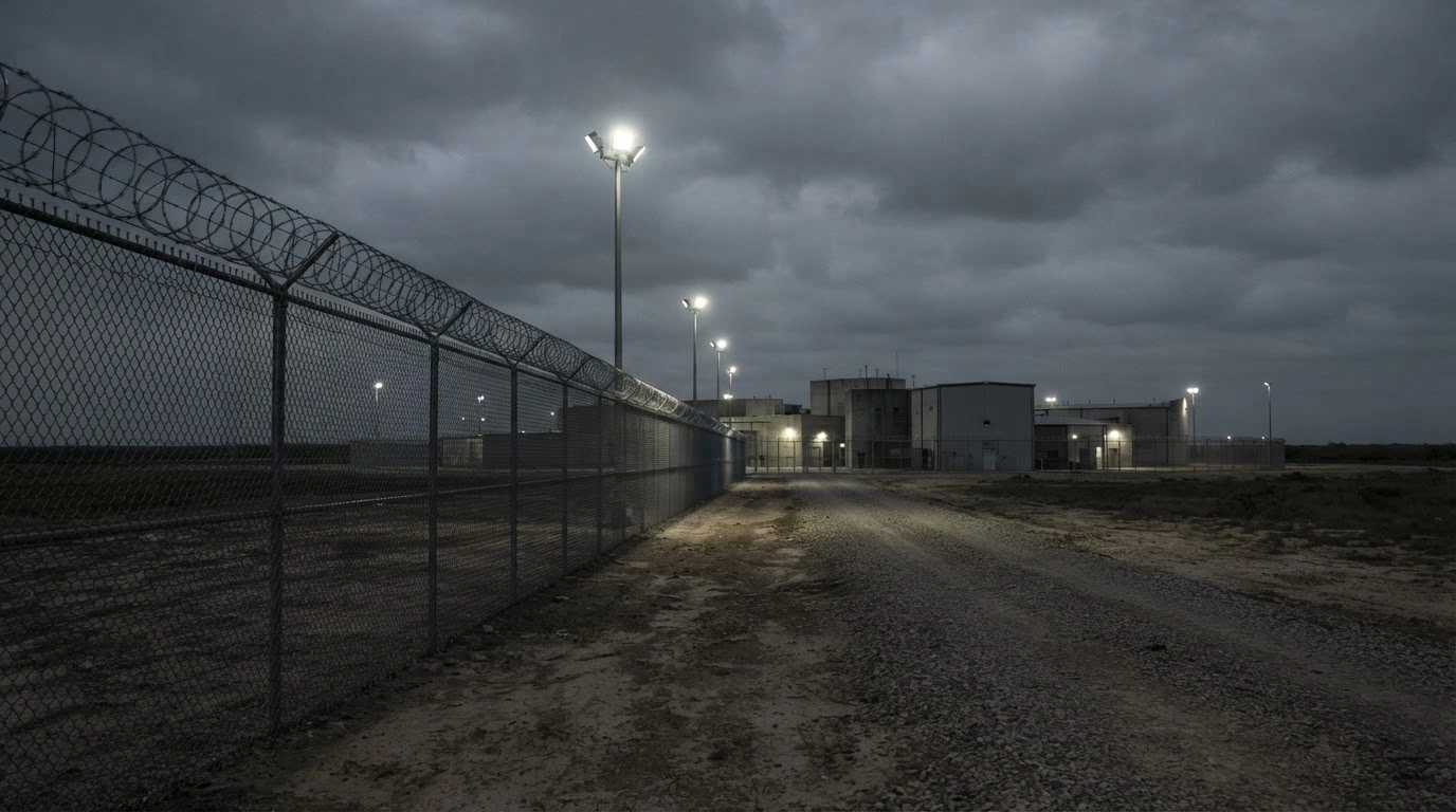 The exterior of the Rio Grande Processing Center in Texas is shown under a dark sky, representing the site where an individual died in ICE custody.