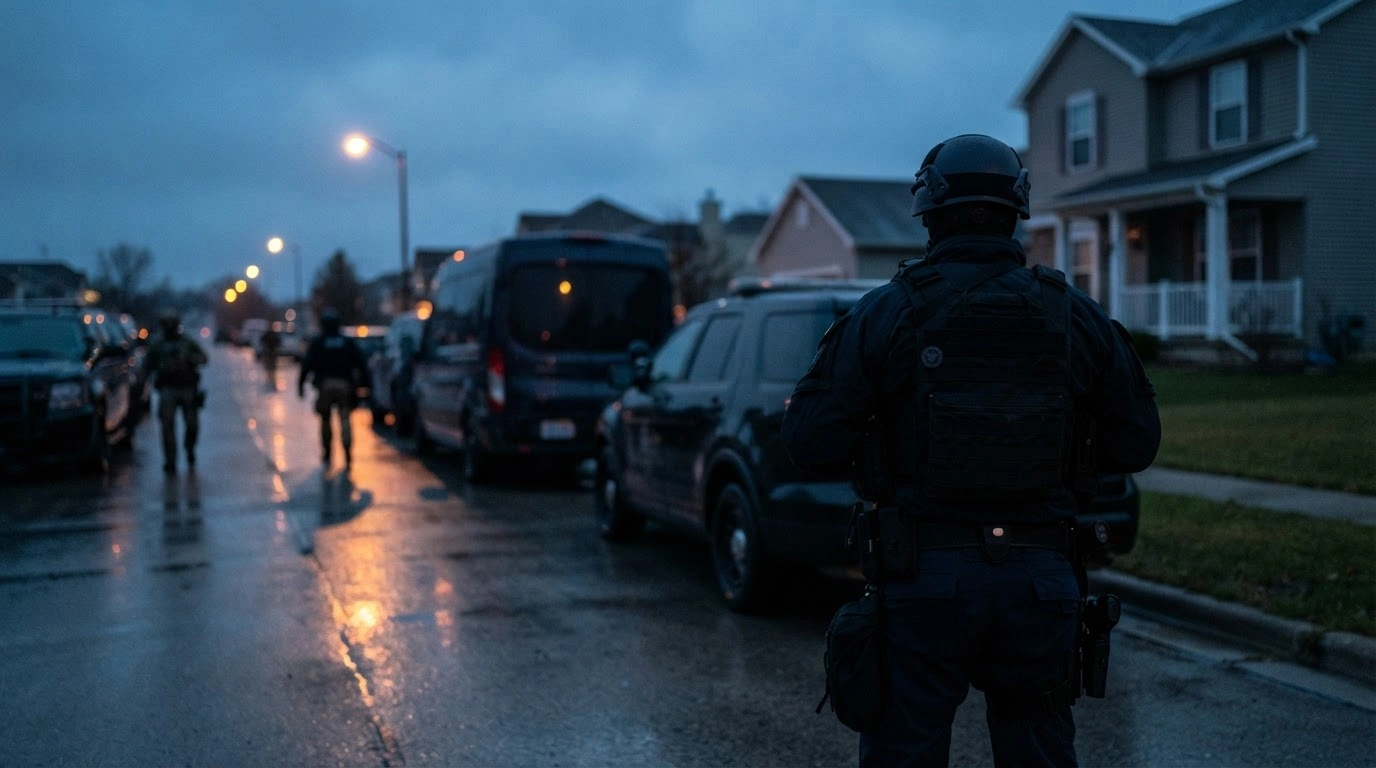 A federal agent stands near tactical vehicles during a targeted ICE enforcement operation in a Michigan neighborhood.