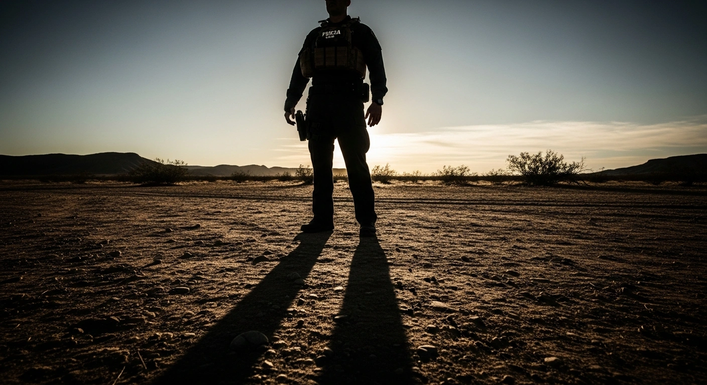 A federal law enforcement officer stands in a desolate Texas landscape following the arrest of an ICE agent involved in a Minneapolis shooting.