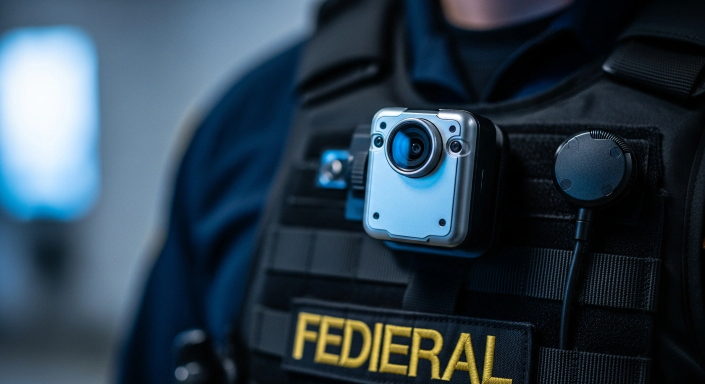 A close-up view of a body-worn camera mounted on the tactical vest of an Immigration and Customs Enforcement officer.