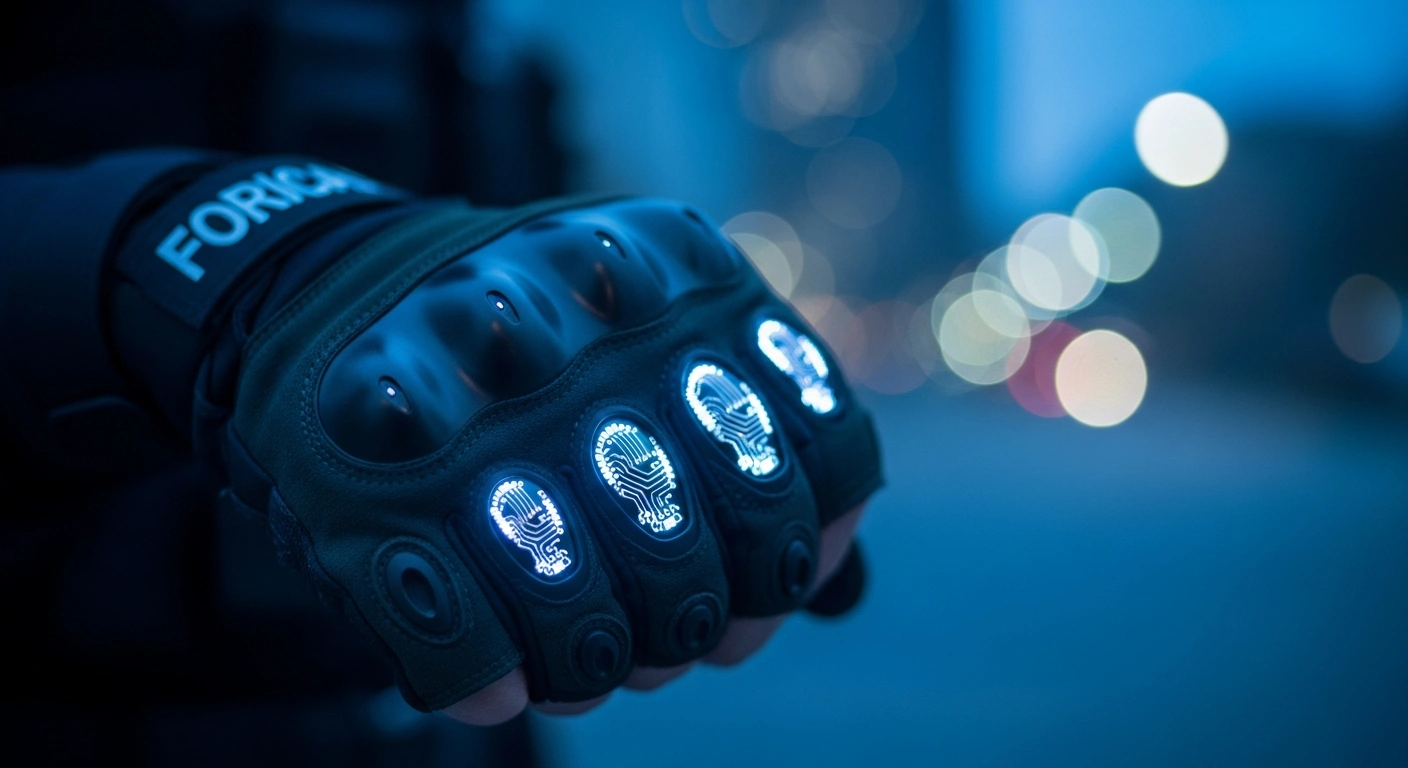 A close-up view of a tactical glove with integrated conductive technology worn by a U.S. Immigration and Customs Enforcement officer during an evaluation of non-lethal enforcement equipment.