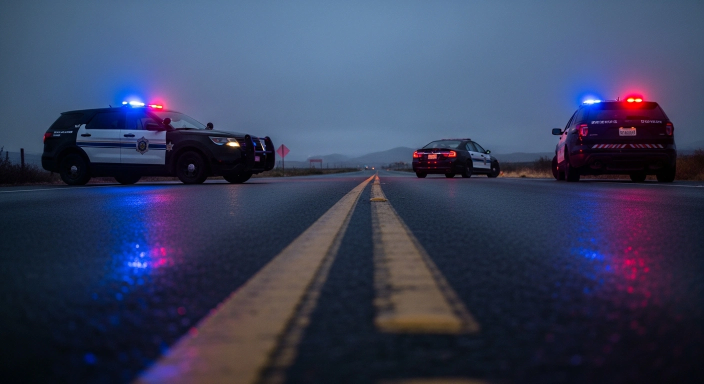 Law enforcement vehicles with flashing lights parked at a scene in California where an investigation into an ICE officer-involved shooting is underway.