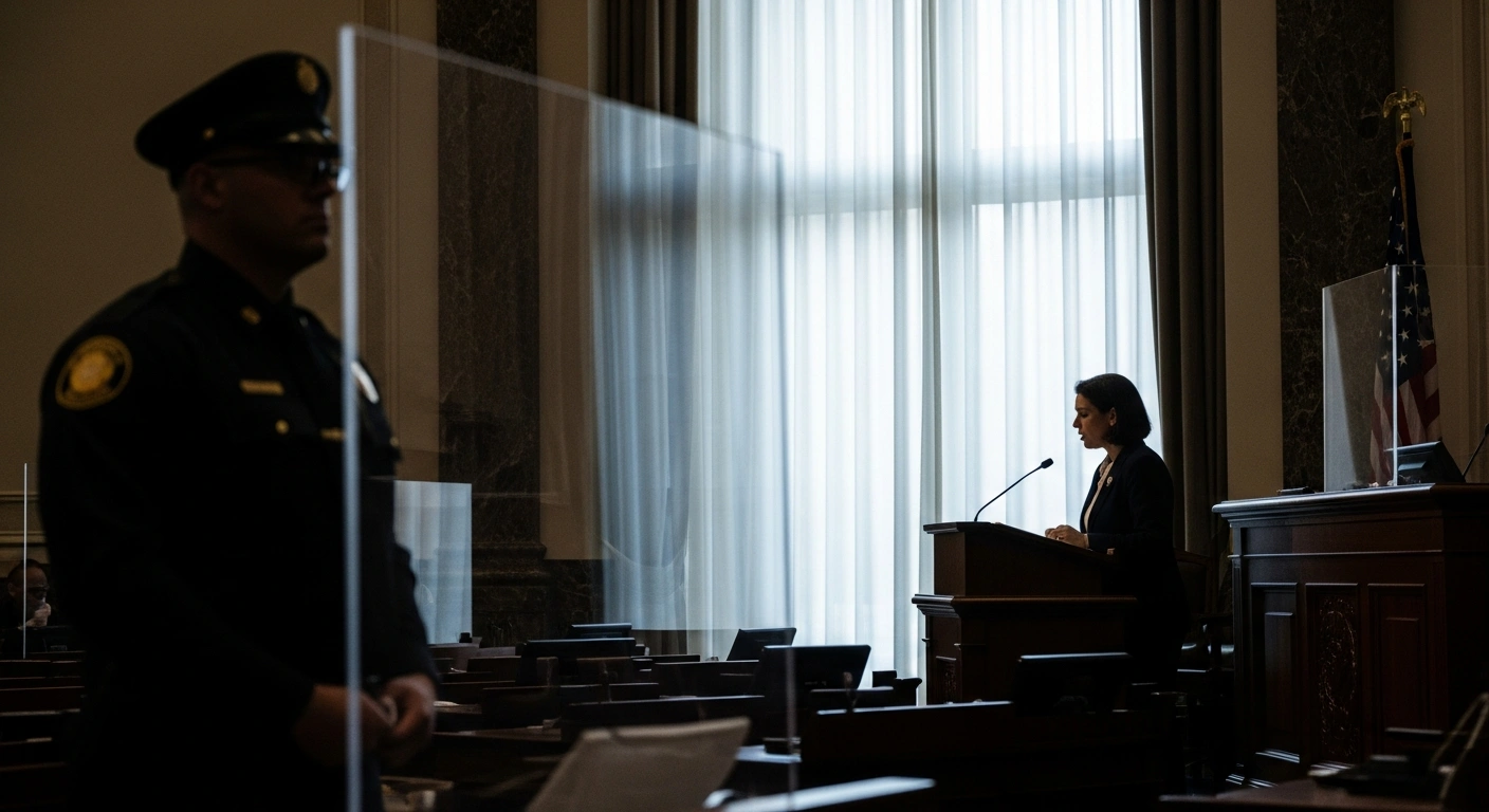A somber legislative chamber where a lawmaker stands at a podium, with a blurred silhouette of an ICE agent behind a frosted glass barrier, symbolizing new bills making ICE employees ineligible for future state government positions.