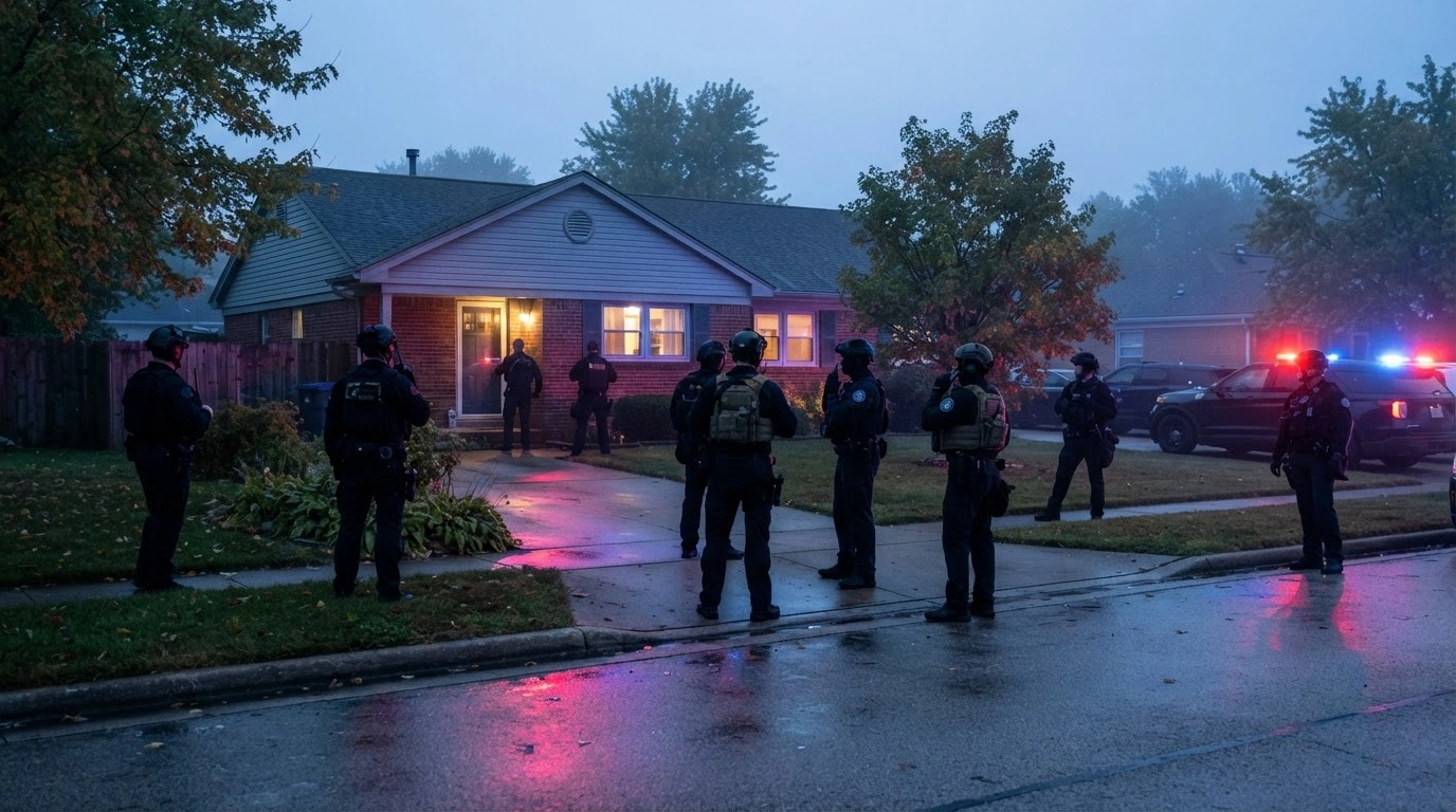 Federal agents in tactical gear conduct a targeted enforcement operation at a residential property as part of an ICE public safety mission.