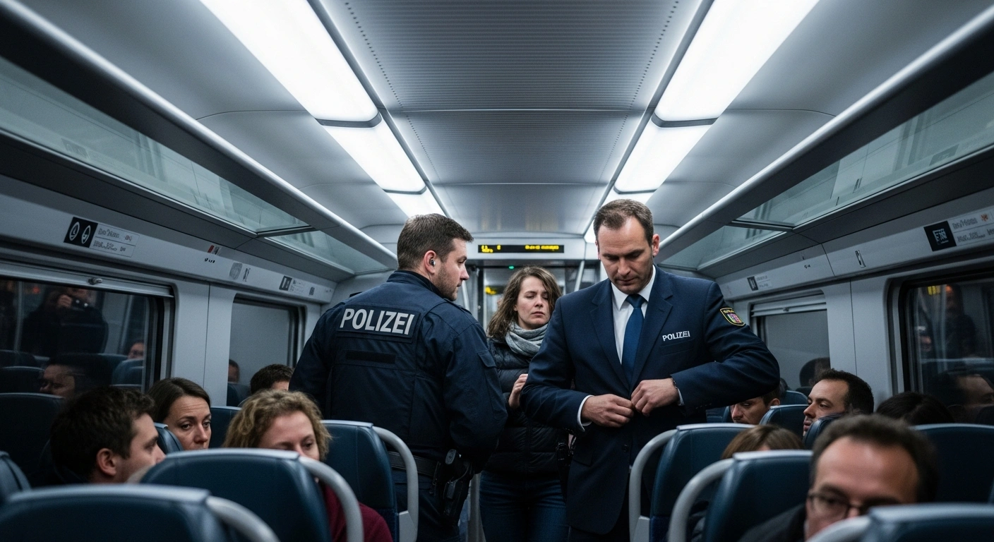 Federal police officers escort a woman through a modern ICE train carriage after an alleged assault on a conductor during a ticket control, leaving approximately 100 passengers temporarily stranded.