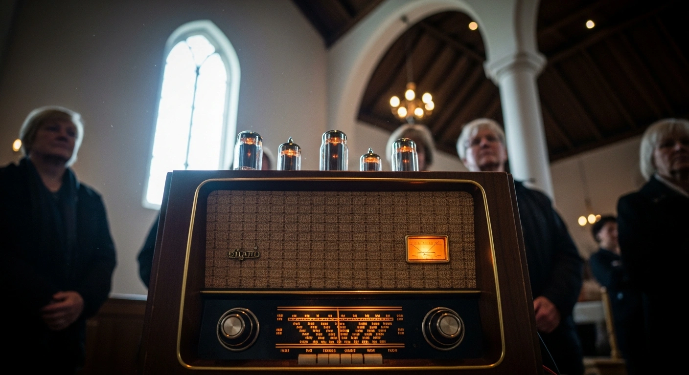 A vintage radio receiver with glowing vacuum tubes sits in a dimly lit, rustic church interior, with soft light filtering through a window and blurred figures listening intently, commemorating Iceland's inaugural 1926 radio broadcast from the Free Church in Hafnarfjörður, which included a seamen's service and memorial for lost fishermen.