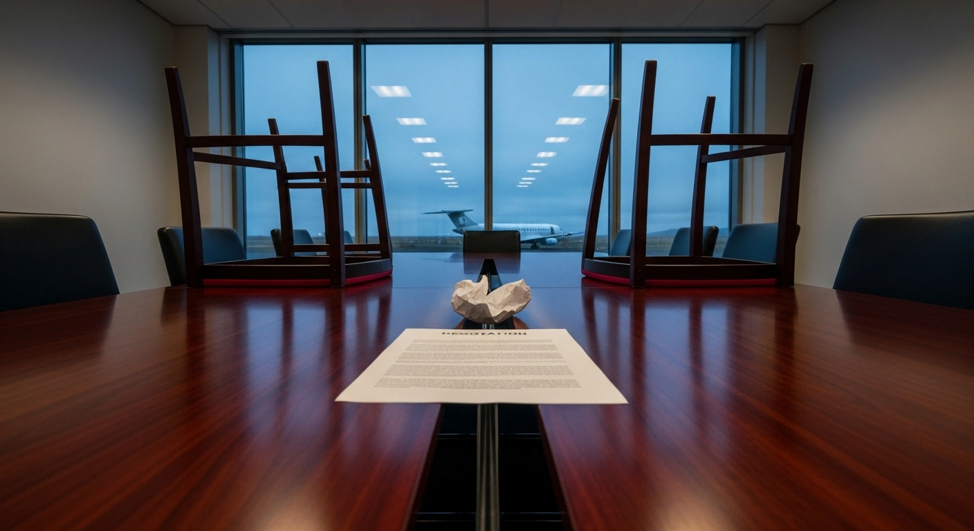 An empty conference room table with overturned chairs and a crumpled document, symbolizing stalled wage dispute negotiations between the Confederation of Icelandic Enterprise and the Icelandic Air Traffic Controllers Association, with a blurred grounded aircraft visible through a window, representing the uncertain future of air travel in Iceland.