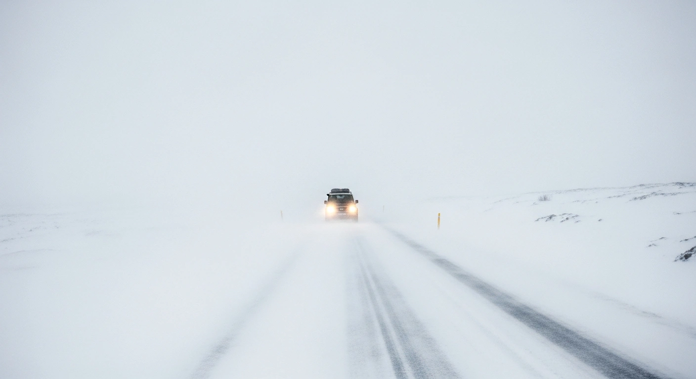 A rugged 4x4 vehicle drives slowly on Iceland's Route 1 during a severe blizzard with strong winds and poor visibility, reflecting the yellow weather warnings and hazardous travel conditions across large parts of the country.