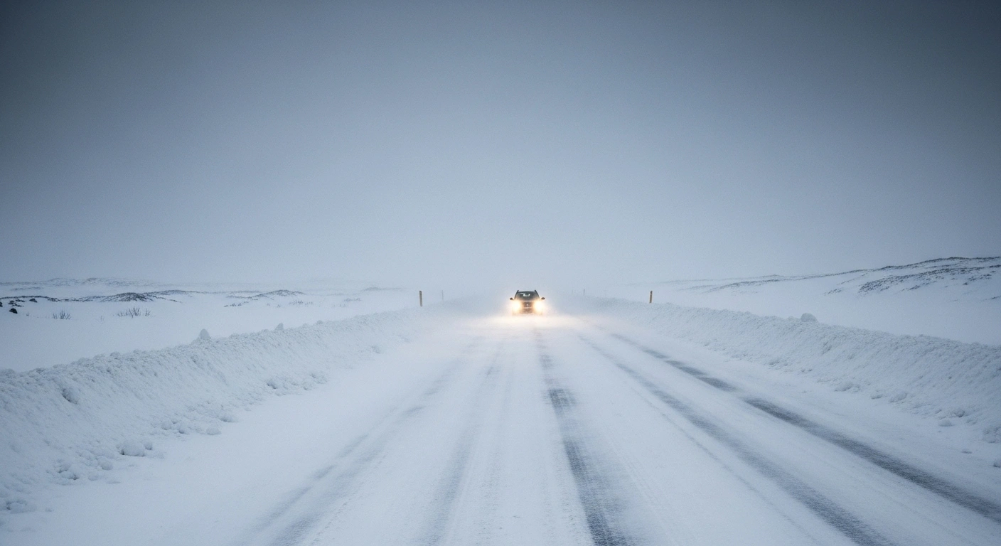 A desolate, snow-covered highway on Iceland's Reykjanes Peninsula during a severe blizzard, with a vehicle's headlights barely visible through the heavy snowfall, illustrating hazardous travel conditions and yellow weather warnings.