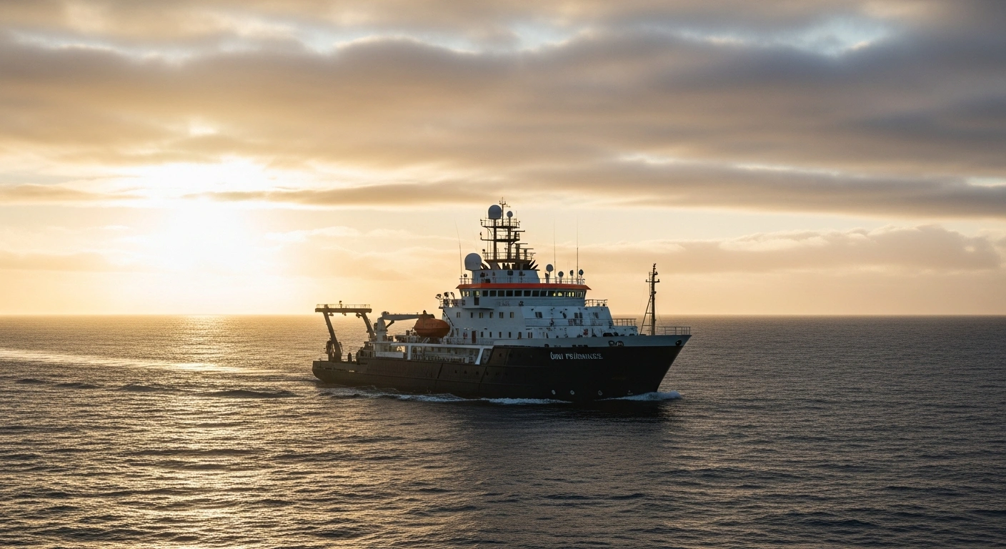 A research vessel, the Árni Friðriksson, is depicted at sea during dawn, with scientific equipment visible on its deck, conducting a capelin survey for Iceland's Marine and Freshwater Research Institute to assess fish distribution and determine future fishing quotas.