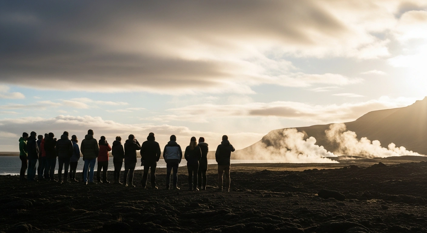 A diverse group of individuals stands silhouetted on a rugged Icelandic coastline under a golden hour sky, with geothermal steam rising in the distance, visually representing the significant demographic shift in Iceland where foreign nationals now comprise over 20% of the population.
