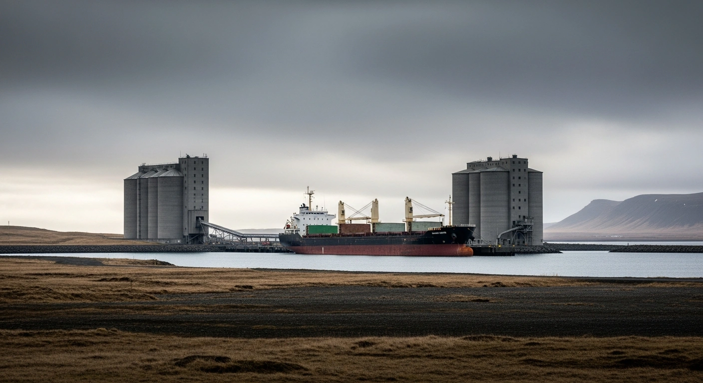 A wide shot of a desolate Icelandic harbor under an overcast sky, showing an empty cargo ship anchored near large, empty concrete silos, symbolizing Iceland's vulnerabilities in emergency preparedness due to reliance on imported fuel and feed grain.
